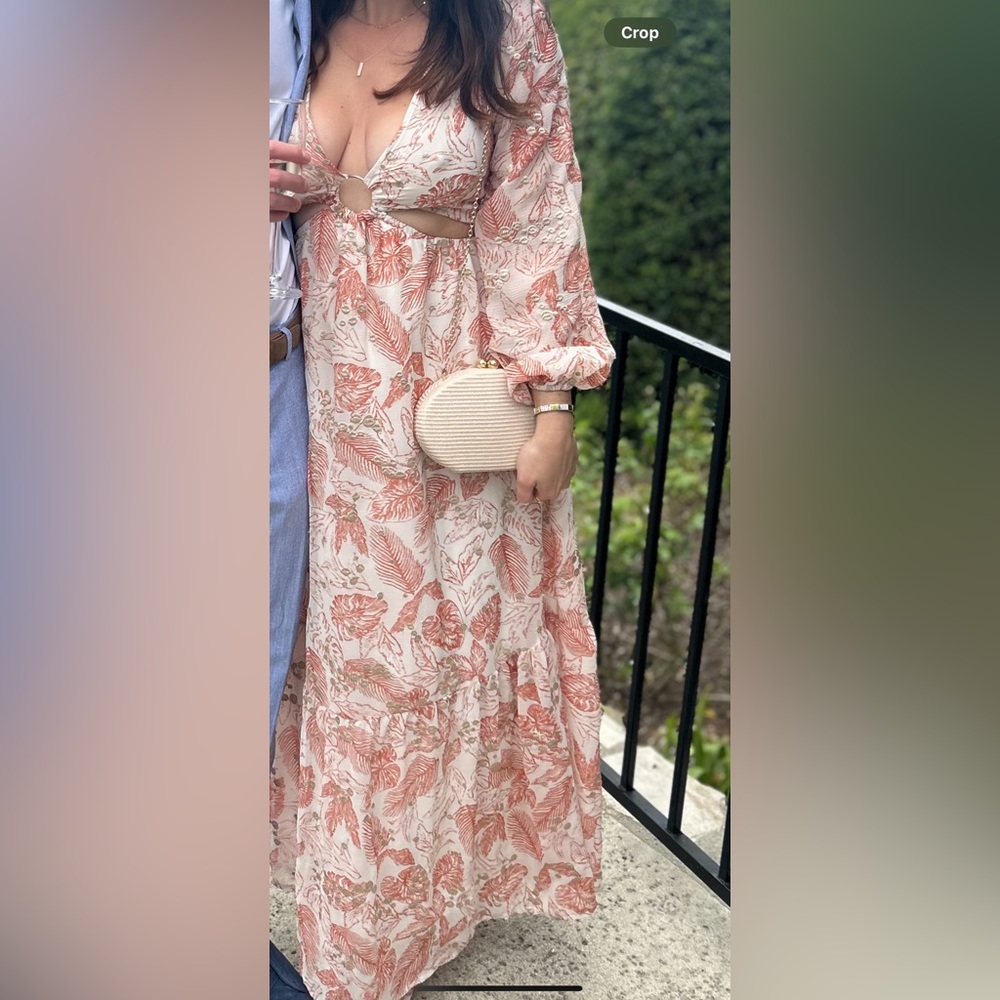 BTFL-life Metallic Embroidery Leaf
Print Long Sleeve Maxi Dress